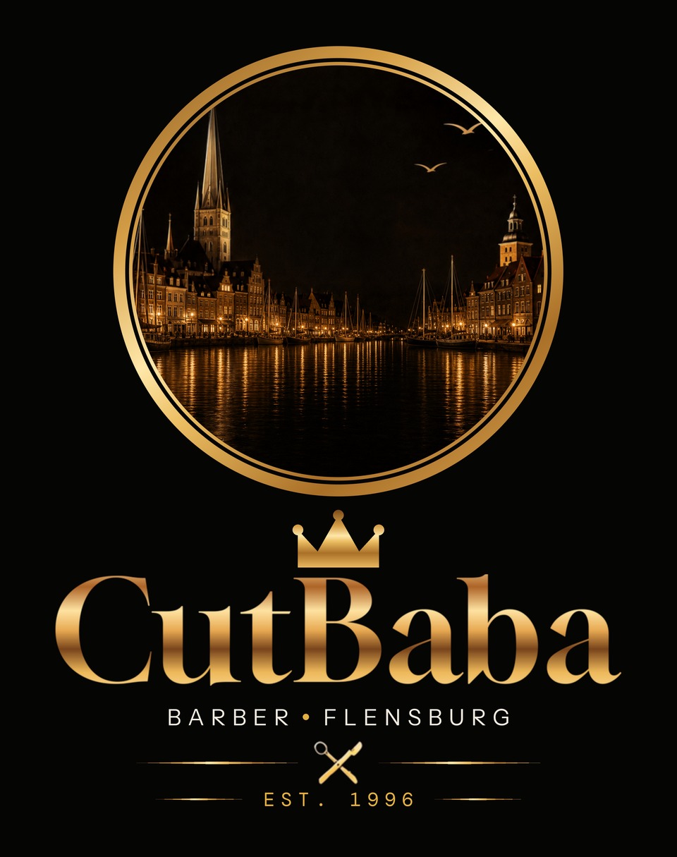 CutBaba Barber Flensburg – goldener Kreis mit Flensburger Hafen